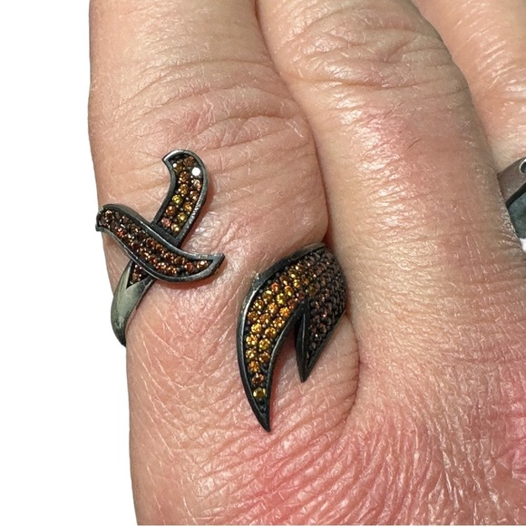 925 Silver Black & Orange Carnelian Flaming Sword Mens Bypass Ring Size 13 New - Picture 1 of 10